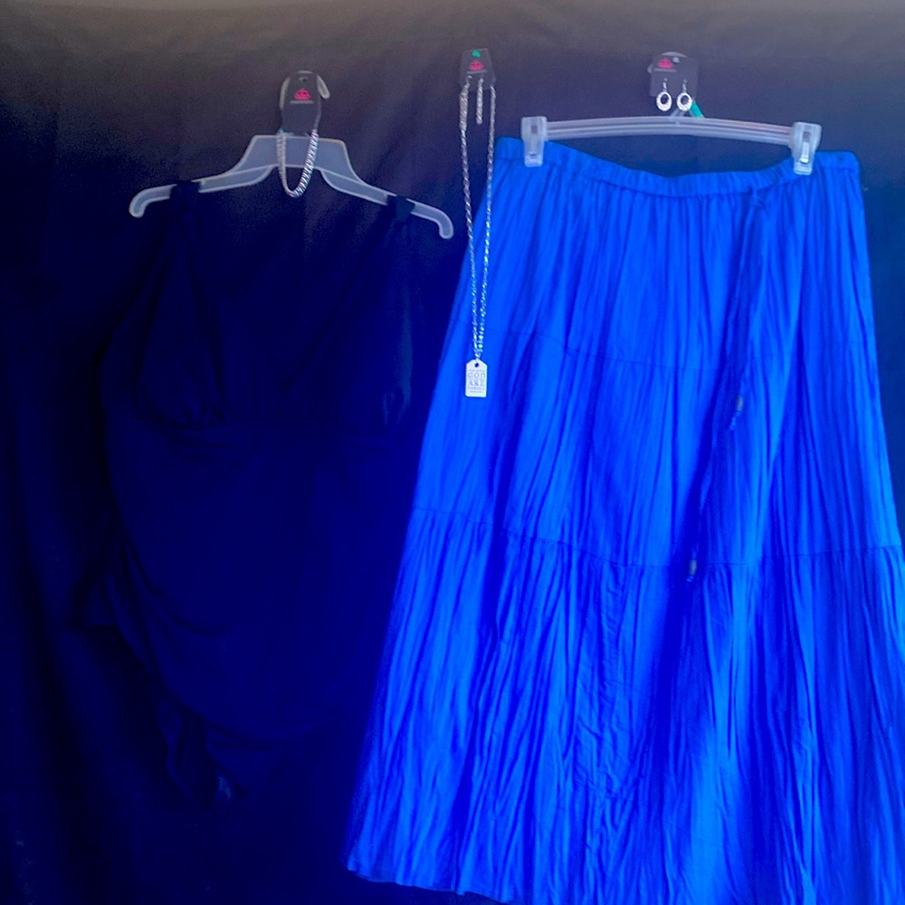 Time and Tru swimsuit with NWT Paparazzi jewelry and White Stag skirt